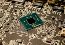 Chip a semiconduttore su circuito stampato, simbolo dell'hardware per l'intelligenza artificiale