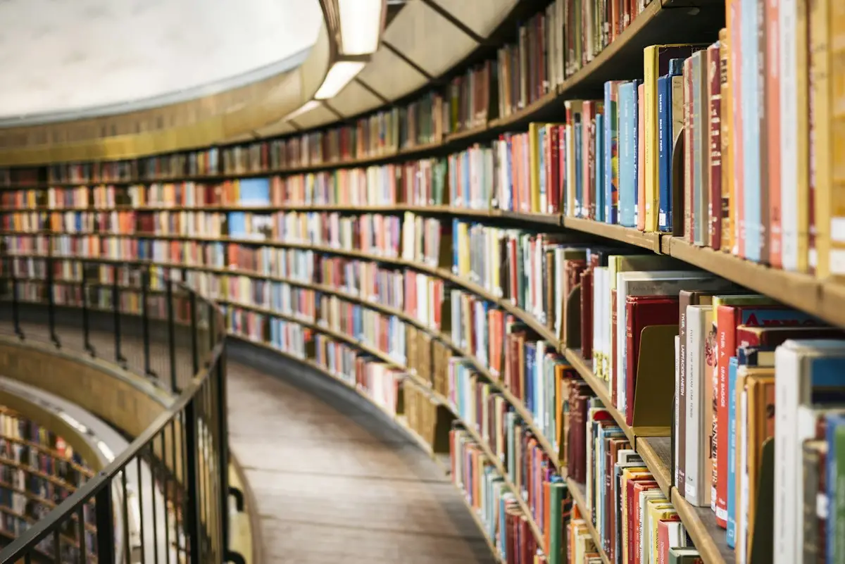 Biblioteca con scaffali pieni di libri, metafora della conoscenza esterna consultata dal RAG